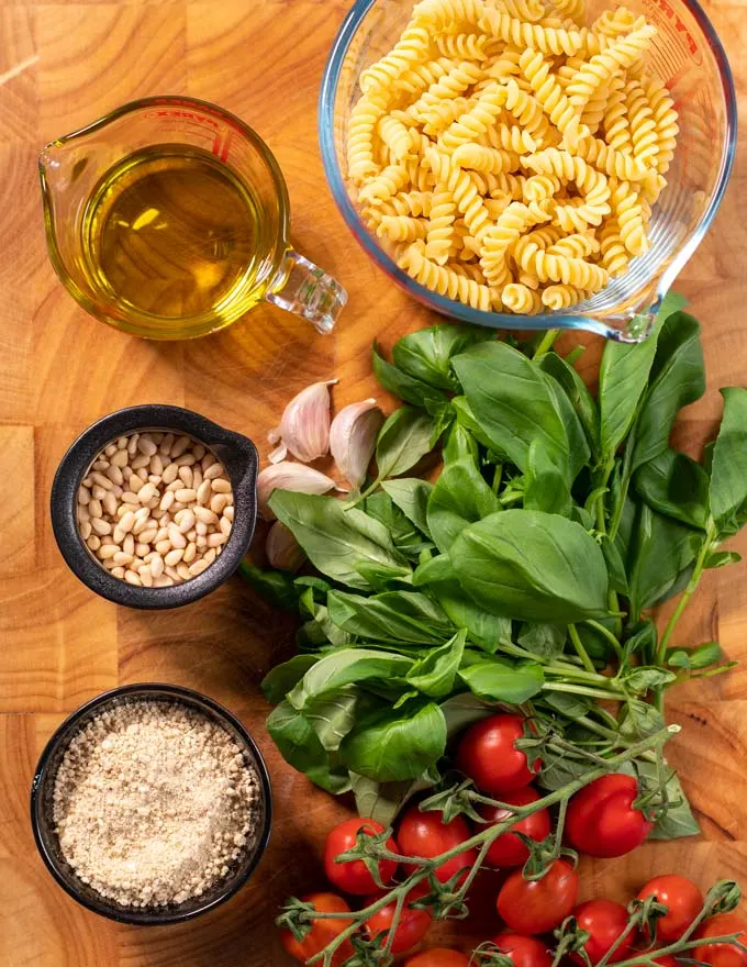 Ingredients needed for making Pesto Salad are collected before preparation.