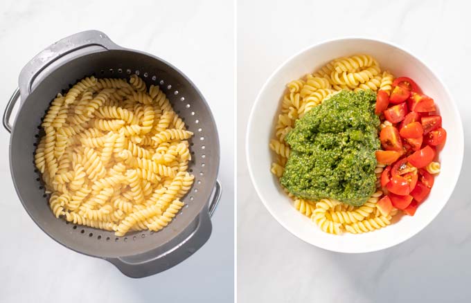 Side by side view of two photos showing how first pasta is drained, then combined in a mixing bowl with homemade green pesto and tomatoes.