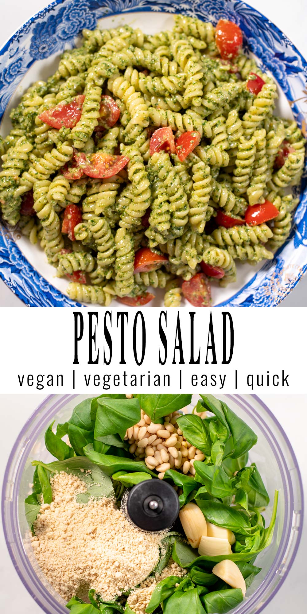 Collage of two photos showing Pesto Salad with recipe title text.