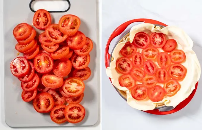 Step by step instructions showing how the pie is assembled by first adding sliced tomatoes on a dough.