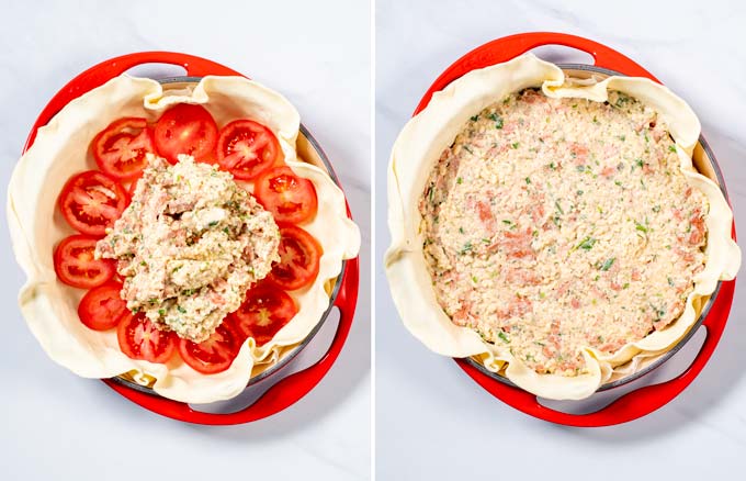 Tomato Pie filling is given into the baking dish.