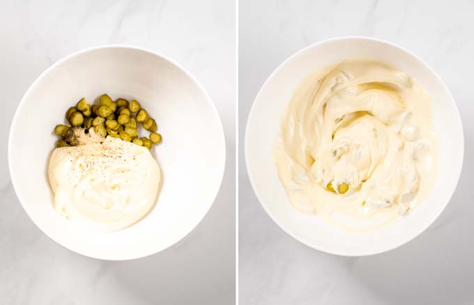 Step by step pictures showing of the dressing for the Tuna Macaroni Salad is made in a bowl.