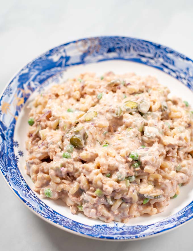 Closeup of a bowl with Tuna Macaroni Salad.