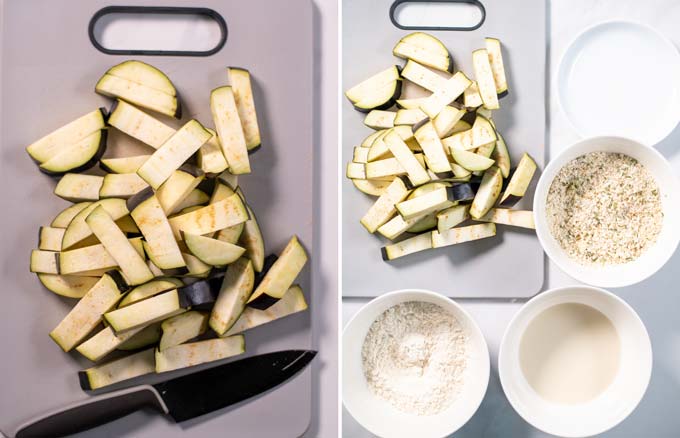 Step by step guide showing how Eggplant Fries as cut and the breading station is prepared.