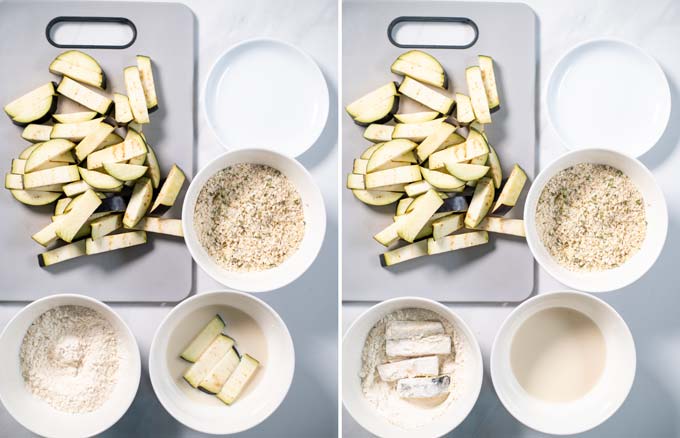 Showing the steps of first soaking Eggplant Fries in milk, then in flour.