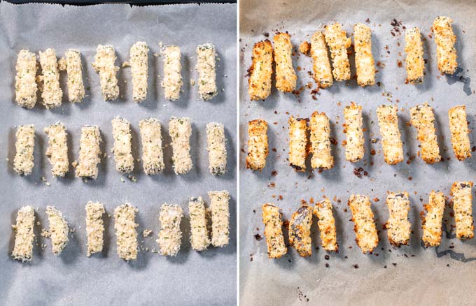 Side by side view of Eggplant Fries on a baking sheet before and after baking in the oven.