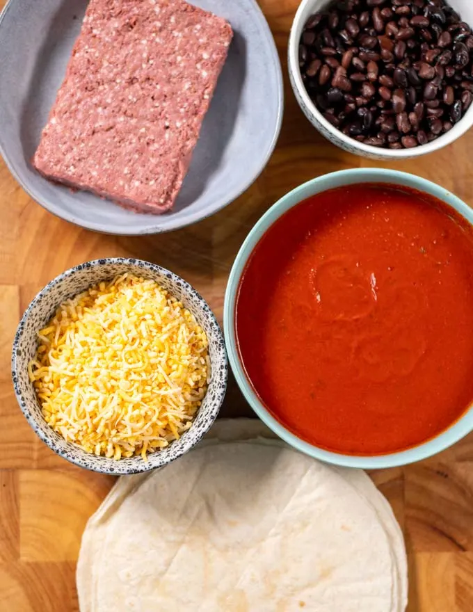 Ingredients needed for making Enchilada Casserole.