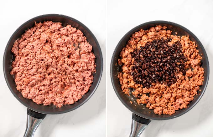 Step by step pictures showing the preparation of the vegan ground beef with black beans.