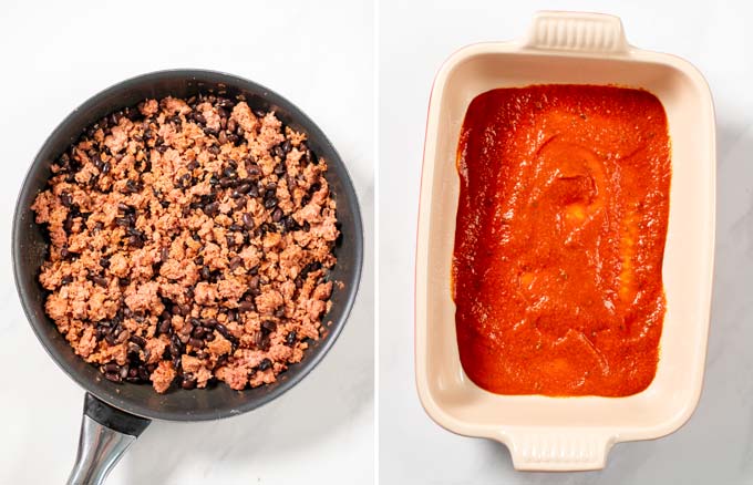 Step by step guide showing the ready vegan ground beef and a casserole dish with tomato sauce.