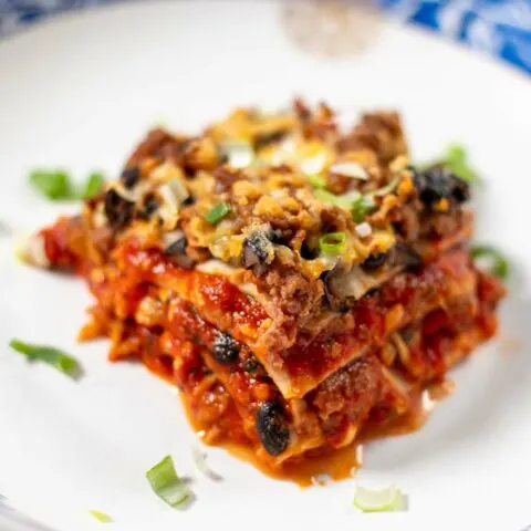 Closeup of a portion of Enchilada Casserole.