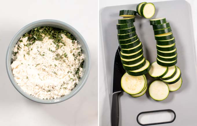 Side by side view of a small bowl with the coating and zucchini slices on a cutting board.