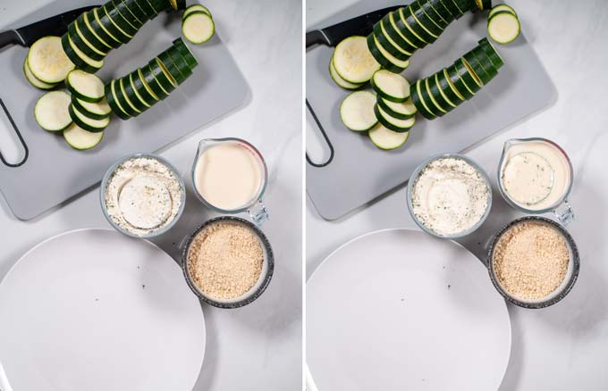 Step by step guide showing the preparation of the coated zucchini slices.