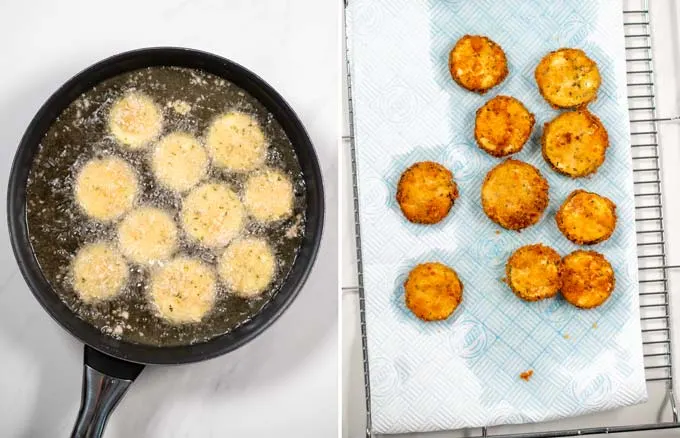 Step by step pictures showing how the coated zucchini slices are fried and the dried on paper towels.