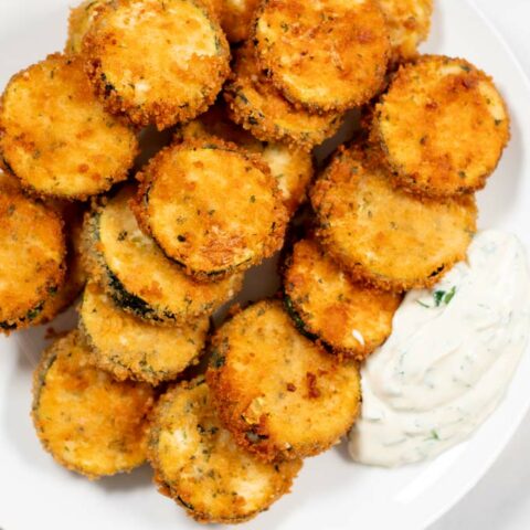 A plate with Fried Zucchini and dipping sauce.