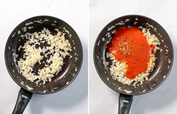 Side by side view of a frying pan with onions and tomato sauce for the braves sauce.