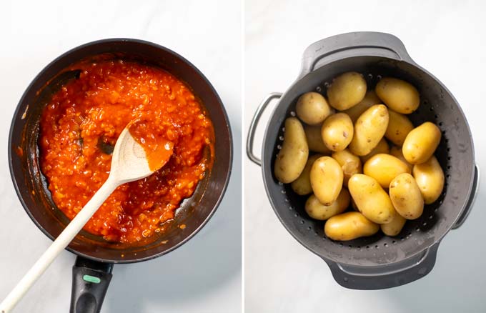 Side by side photos of ready braves sauce and cooked potatoes.