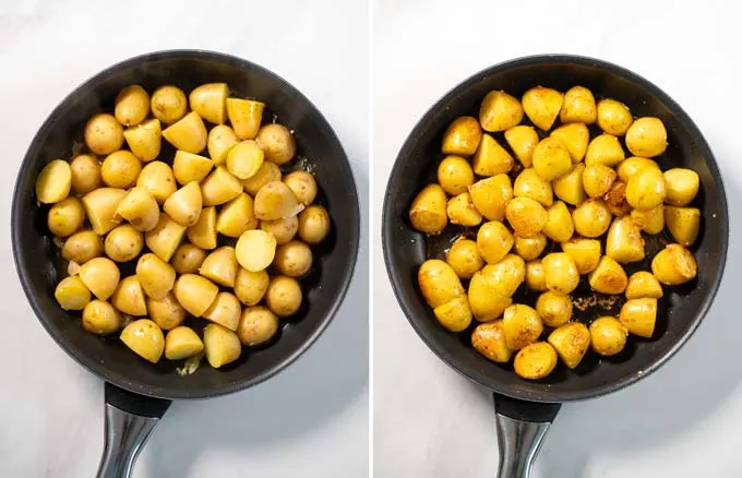 Frying of cut potato halves before and after. 