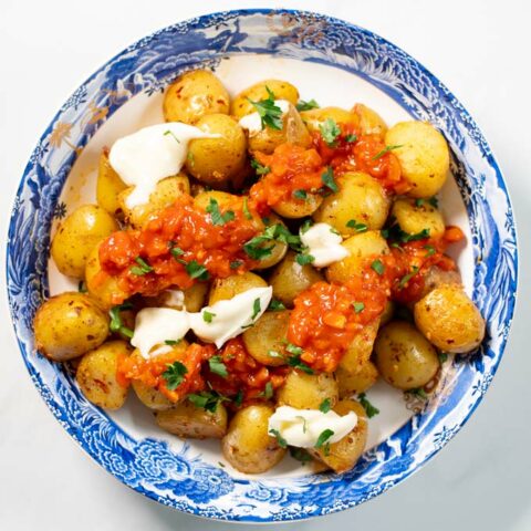 Top view of a serving of Patatas Bravas.