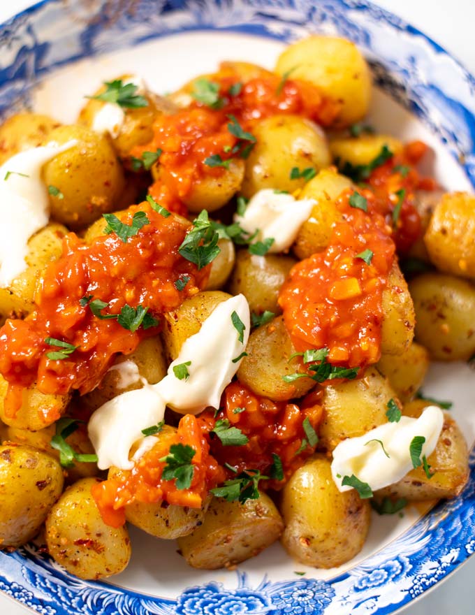 Closeup of Patatas Bravas.