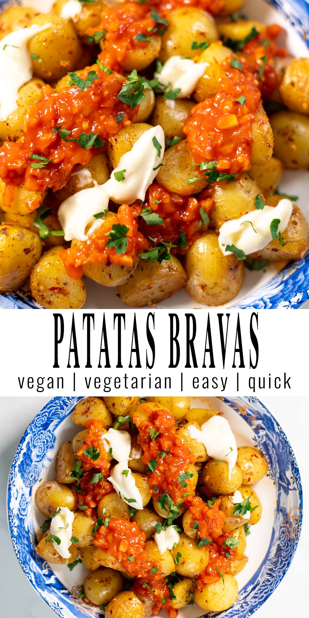 Collage of two photos of Patatas Bravas with recipe title text.
