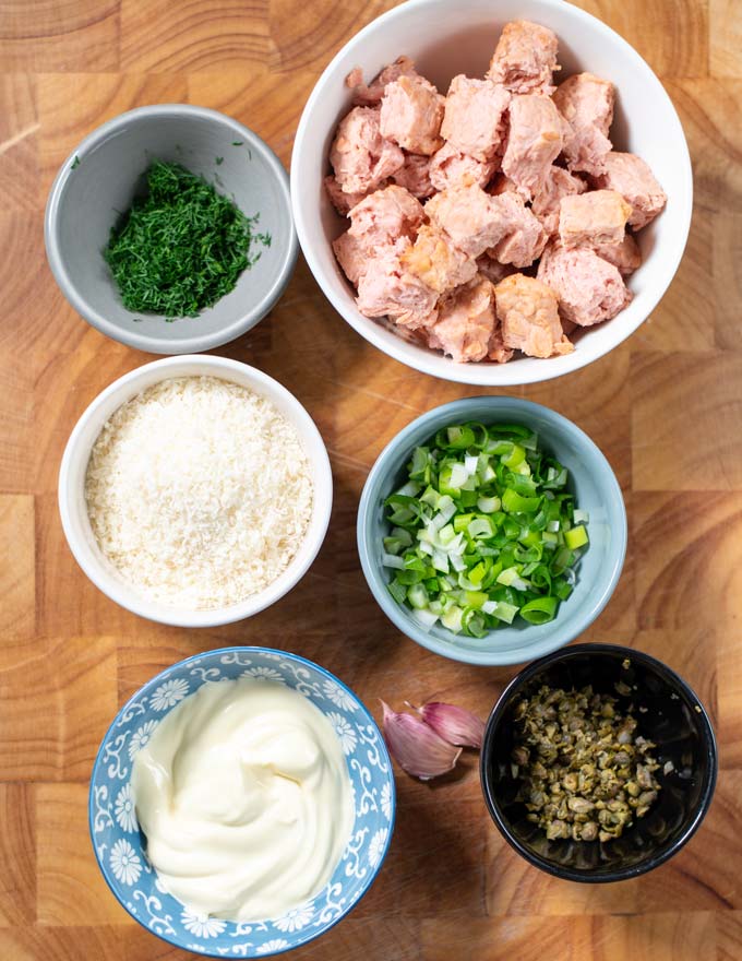 Ingredients needed for making Salmon Burgers are collected before preparation.