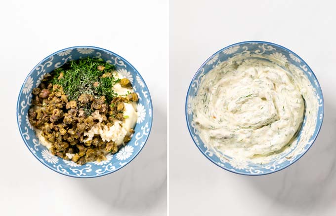 Step by step pictures showing how the sauce for the Salmon Burgers is made in a small bowl.