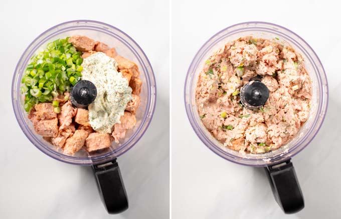 Side by side top view of the bowl of a food processor, with the ingredients for the salmon patty before and after processing.