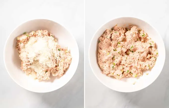 Visual guide how to mix salmon mixture with Panko breadcrumbs.