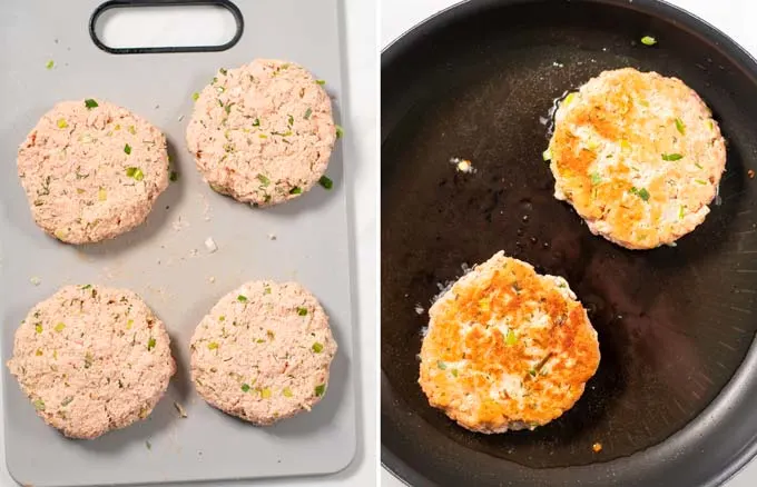 Side by side view of the raw salmon patties before frying and a frying pan with two golden brown cooked patties.