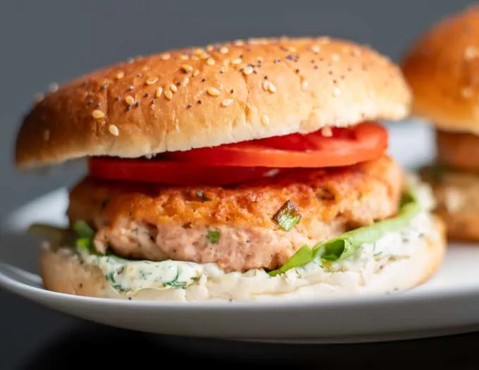 Closeup of a Salmon Burger.
