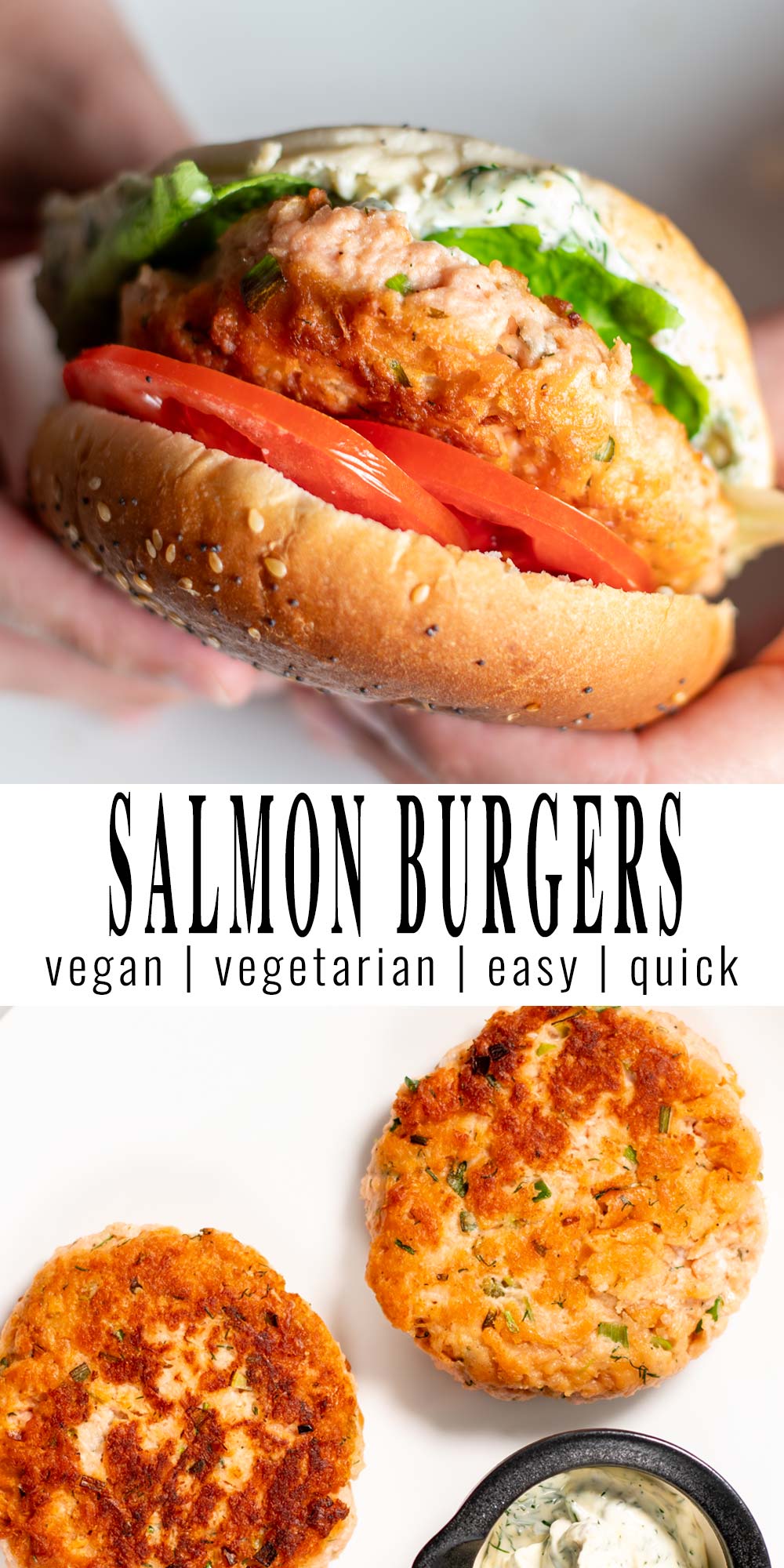 Collage of two photos showing Salmon Burgers with recipe title text.