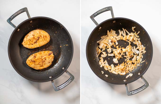 Step by step instructions how to fry the Cajun Chicken and onions in a pan.