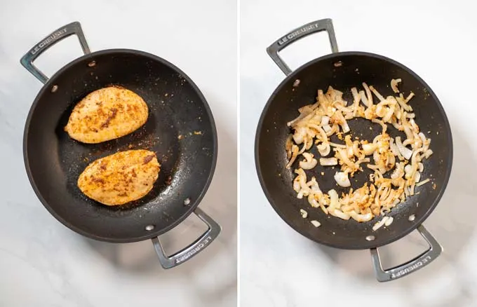 Step by step instructions how to fry the Cajun Chicken and onions in a pan.