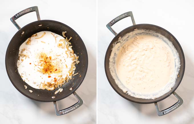 Side by side view of a frying pan showing how the creamy sauce for the Cajun Chicken is made.