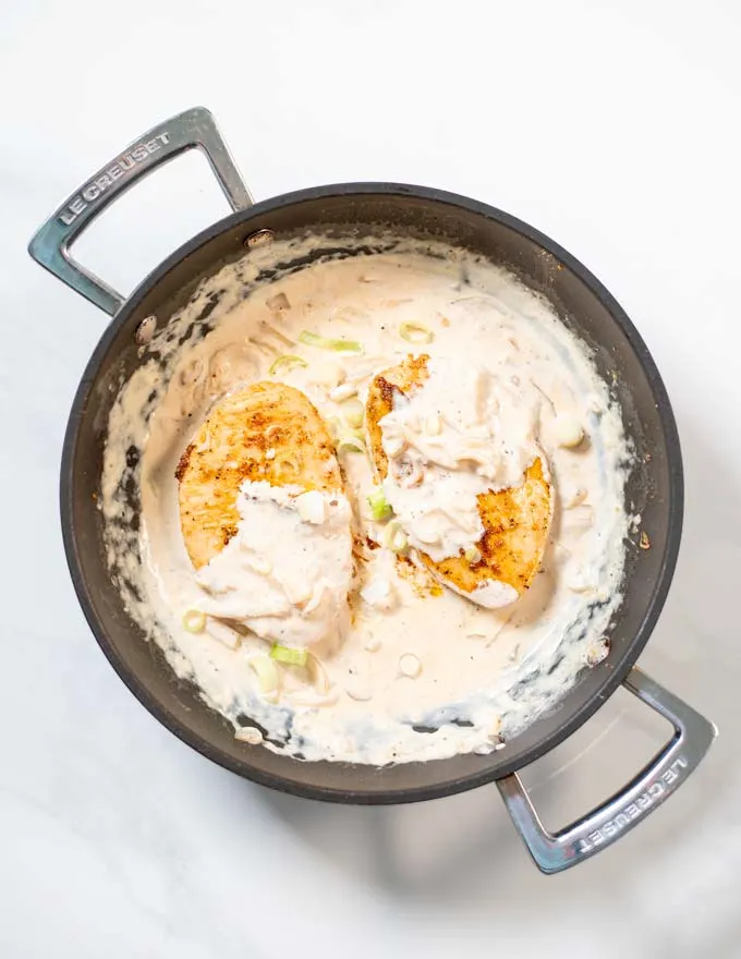 Top view of a frying pan with Cajun Chicken.