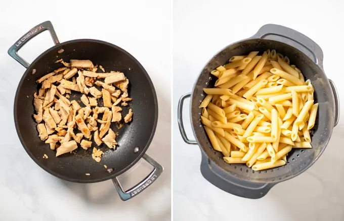 Step by step pictures showing frying of chicken and cooked pasta.