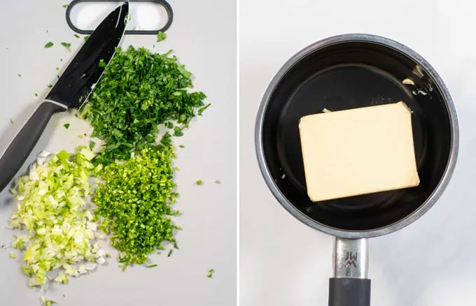 Side by side view of chopped herbs and a small saucepan with butter.
