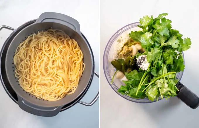 Side by side pictures of drained spaghetti and a bowl of a food processor with the ingredients for the green sauce.