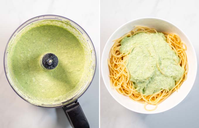 Side by side view of processed green sauce and poured over spaghetti.