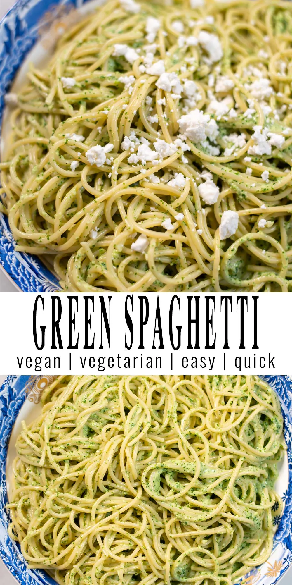 Collage of two photos of Green Spaghetti with recipe title text.