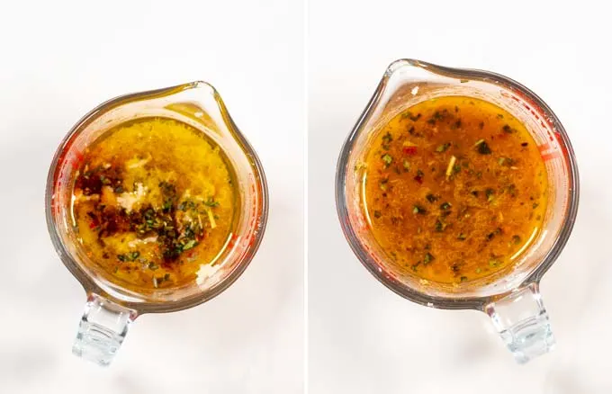 Step by step guide to make the dressing and marinade for the grilled chicken.