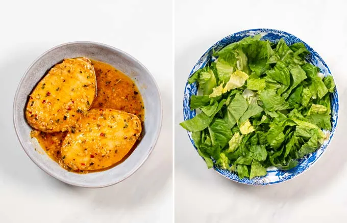 Side by side view of marinating chicken and a salad bowl with green salad.