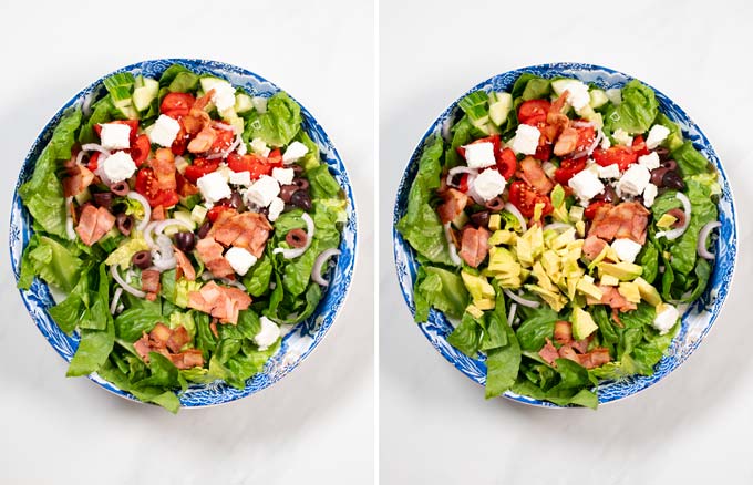 Step by step pictures showing how the other salad ingredients are combined in a large bowl.