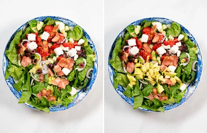 Step by step pictures showing how the other salad ingredients are combined in a large bowl.