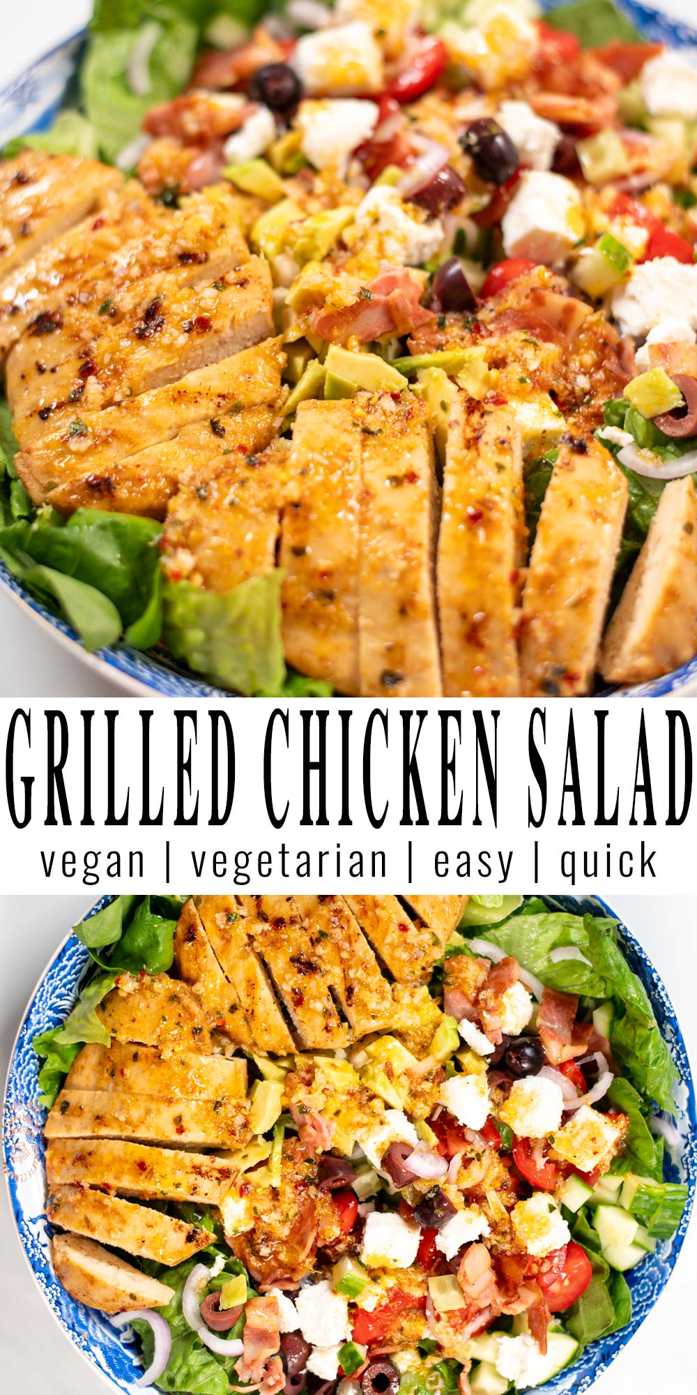 Collage of two photos of Grilled Chicken Salad with recipe title text.