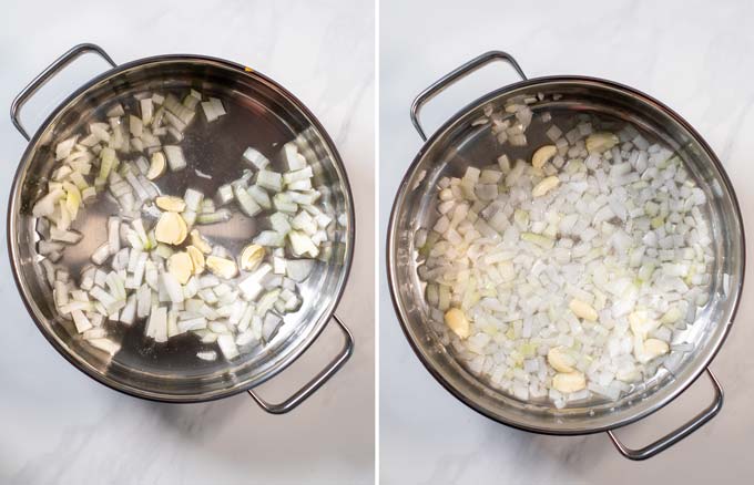 Step by step picture showing the sautéing of onions and garlic.