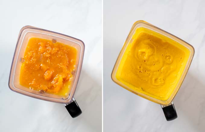 Top view of a blender in which the Pumpkin Soup is blended.