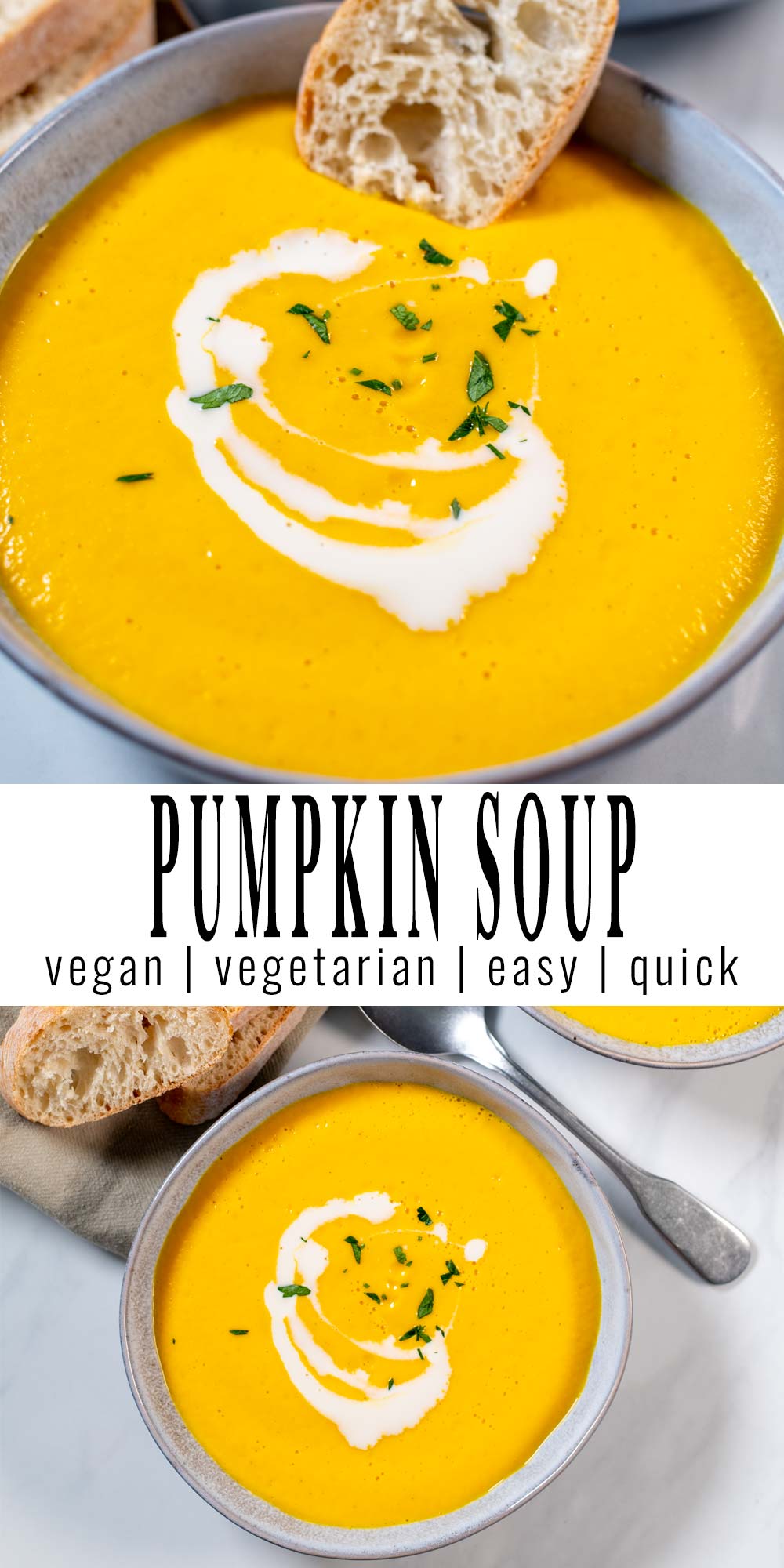 Collage of two pictures of Pumpkin Soup with recipe title text.