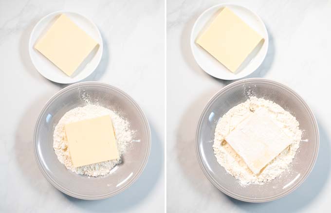 Step by step guide how to dredge Greek cheese in flour.