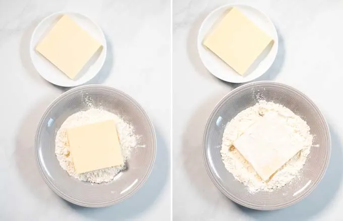 Step by step guide how to dredge Greek cheese in flour.